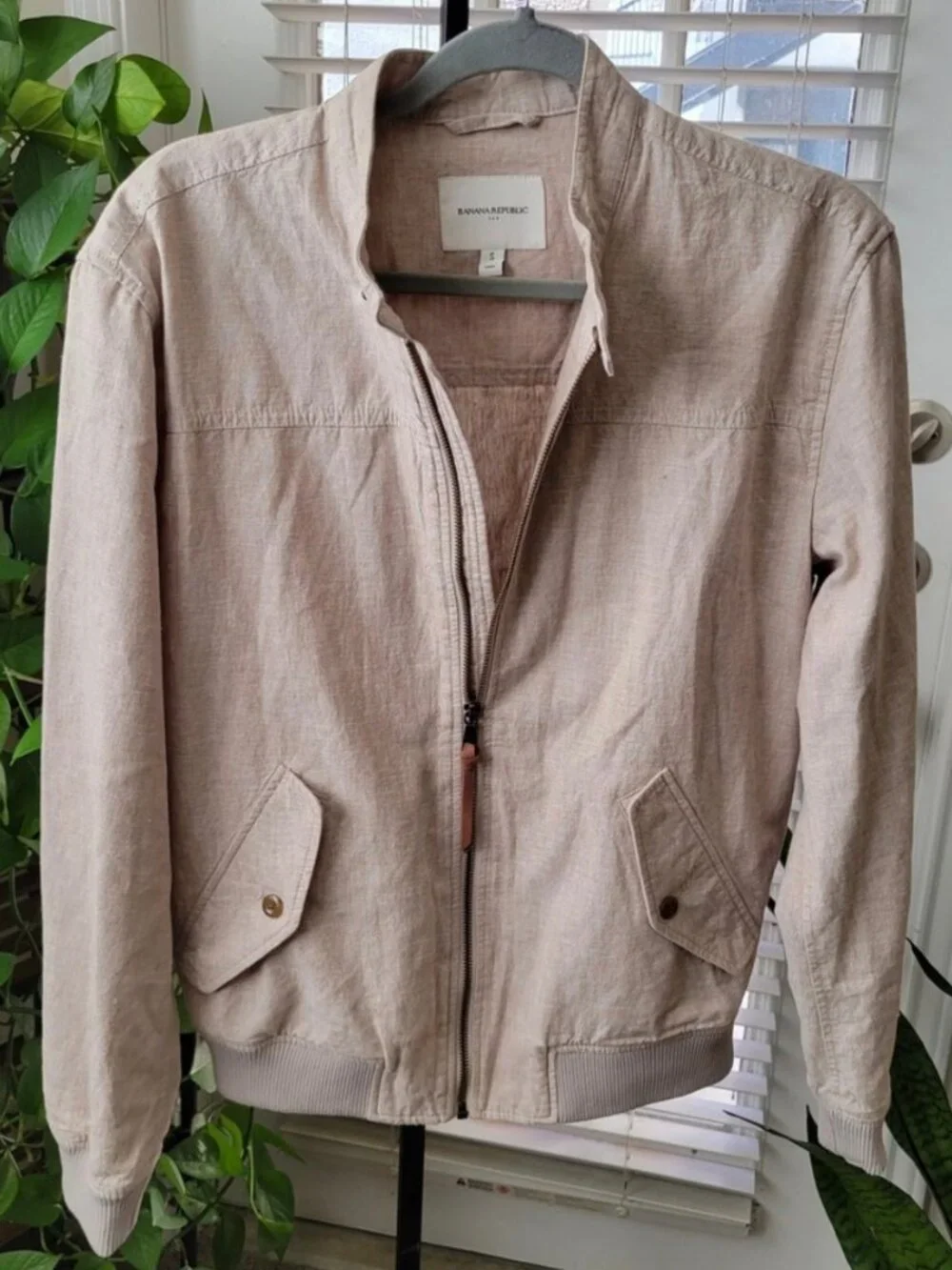 Banana Republic Mens Linen Blend Bomber Jacket Tan Light Grey Full Zip Small